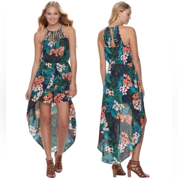 Candies Walk-Through Halter Hi-Lo Maxi Navy Tropical Romper - Sz M - Picture 1 of 9